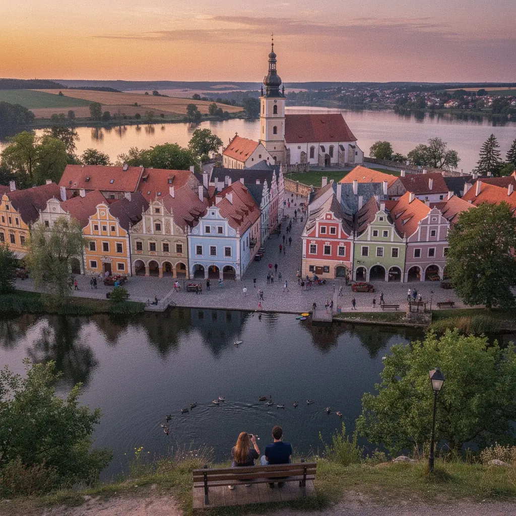 Rodinná skupina užívající si piknik na louce poblíž Českého Krumlova.